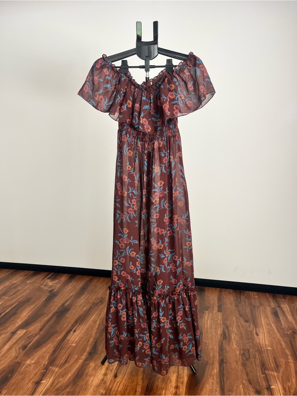Vintage Candi Jones Merlot Floral Off-Shoulder Maxi Dress